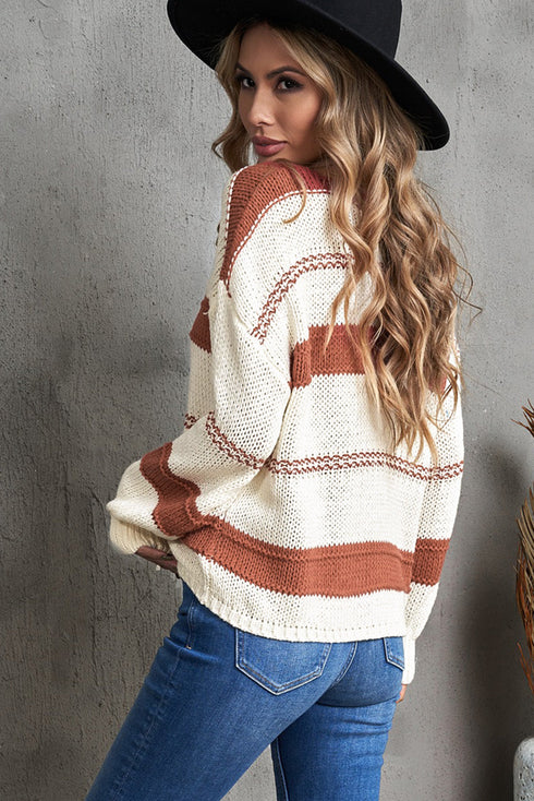 V-Neck Knitted Lantern Sleeve Pullover Sweater